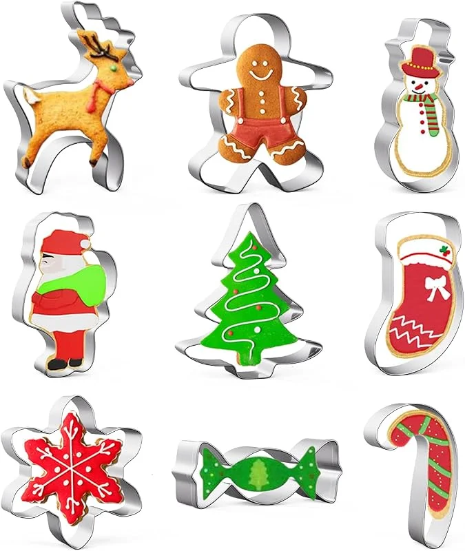 MIUTME Juego de cortadores de galletas navideñas, 9 piezas de acero inoxidable, cortadores de galletas de Navidad, árbol de Navidad, copo de nieve, reno, calcetines, para fondant Cookie DIY Hornear — Hogar y cocina