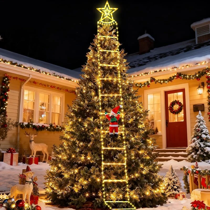 Fohil Luces de Navidad Exterior, LED Escalera con Papá Noel, Estrells, 8 Modos Impermeable Decoración Navidad Exterior para Jardín, Ventana, Árbol, Adornos Navideños Interior — Luces Navidad