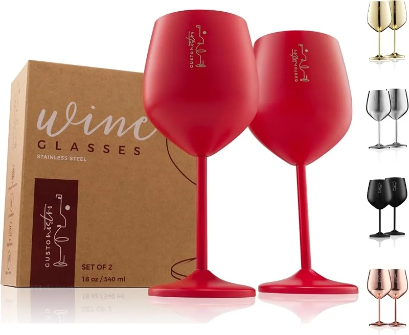 Visita la tienda de Gusto Nostro Copas de vino de acero inoxidable con tallo – Copas irrompibles de 18 onzas para fiestas al aire libre en la piscina, aniversarios - Elegante vajilla roja para champán y cócteles (juego de 2) — Vino y mesa festiva