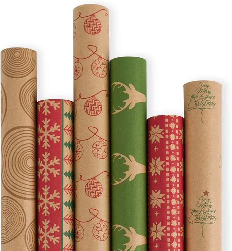 Visita la tienda de RUSPEPA RUSPEPA Rollo De Papel De Regalo Navideño - Papel Kraft Marrón Con Patrón Rojo Y Verde - Colección Elementos Navideños - 6 Rollos - 76 cm X 305 cm Por Rollo — Envoltorio regalo