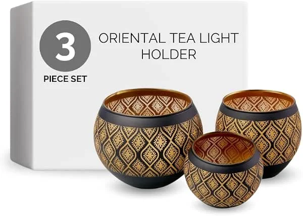 Flanacom Portavelas Orientales 3 Unidades - Farolillos Cristal Dorado Negro Mosaico - Candelabros Arabes Mesa Centro Decoracion Salon Navidad Terraza — Cena a la luz de velas