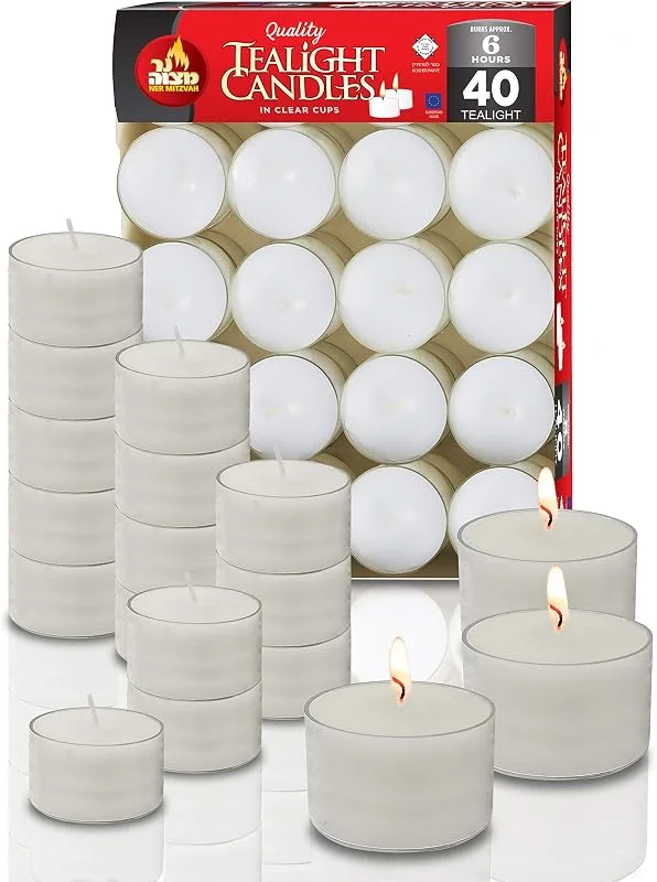 Ner Mitzvah Velas de Té - Paquete de 40 Velas de Té sin Perfume - Velas de Larga Duración 6 h - Velas Blancas en Taza Transparente — Cena a la luz de velas