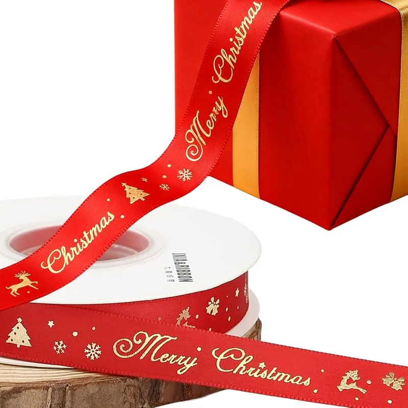 KIMHOME 22 m de cinta de Navidad, cinta de grogrén de fondo rojo con saludos de Feliz Navidad, copos de nieve y decoración festiva para empaquetado de regalos de Navidad y árbol de Navidad — Envoltorio regalo