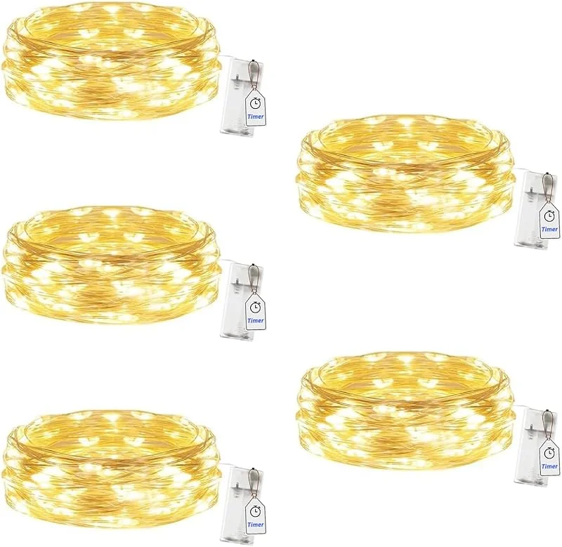 SUCANY Guirnalda Luces Pilas con Temporizador(Blanco Cálido), 2M 20 LED Guirnalda Luces Interior, IP65 Alambre Cobre Impermeable Luces de Cadena, para Navidad, Jardín, Interior y Exterior (5 Piezas) — Luces Navidad