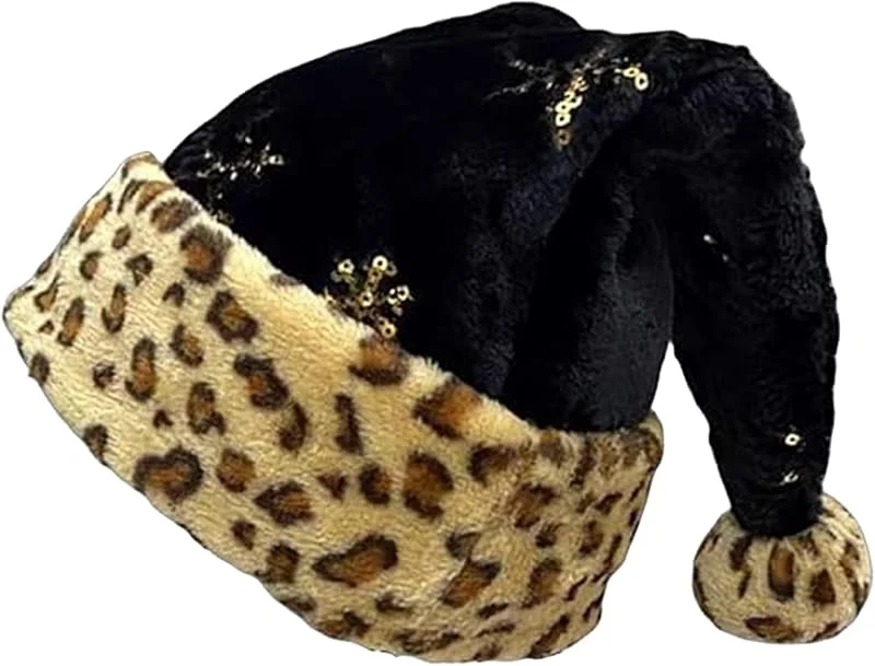 XAOOAX Sombrero de Papá Noel con rayas de leopardo brillantes, sombreros de Navidad para adultos, sombrero de Papá Noel, sombrero de Navidad de felpa con pompón, sombrero de Papá Noel — Ropa Navidad
