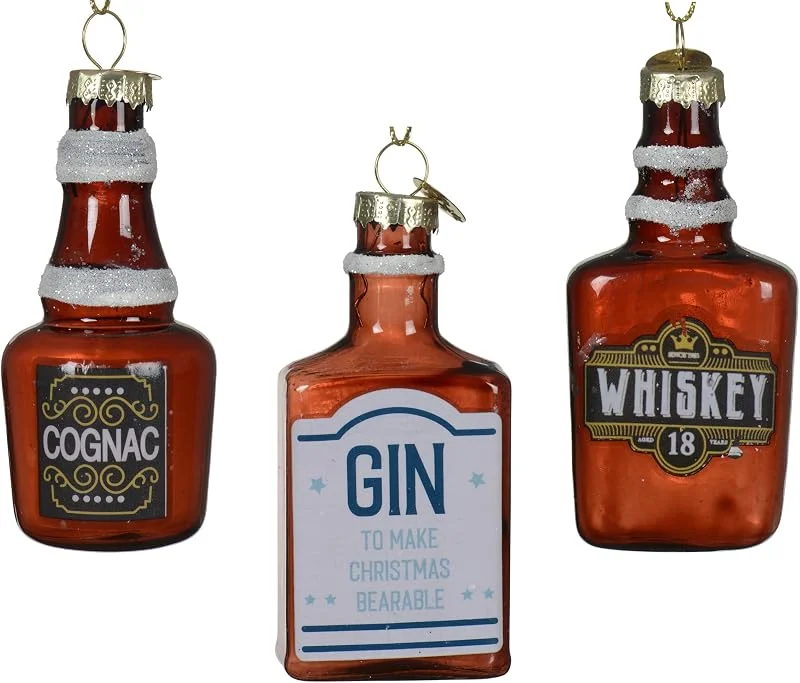 Kaemingk Adornos para árbol de Navidad de cristal, 9 cm, juego de 3 figuras para colgar, colgantes para árbol de Navidad y adornos para árbol de Navidad, botellas de alcohol, color marrón — Decoracion Navidad