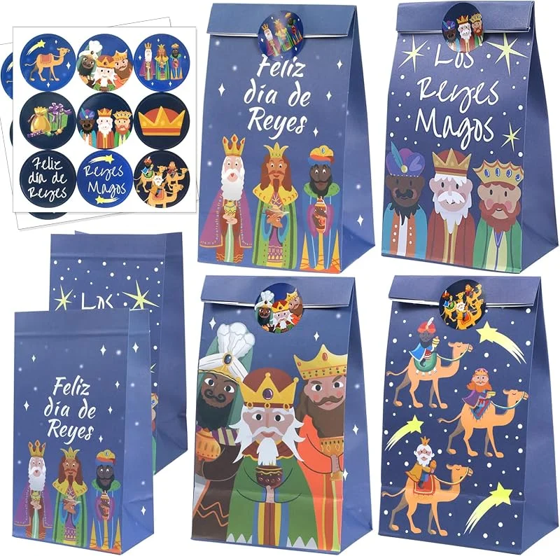 DPKOW 12pcs Reyes Magos Regalo Bolsas con Etiqueta Pegatinas, Papel Navidad Fiesta Bolsas Reyes Magos Embalaje Bolsas, España Reyes Magos Dulce Caramelo Pastelería Bolsas por Reyes Magos Suministros — Envoltorio regalo