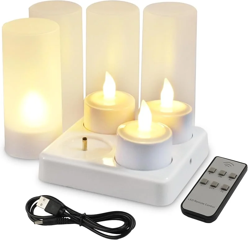 EuroFone Recargable LED Velas Tealight Vela Parpadeante Sin Llama Con El Titular De La Estación De Carga (4pcs) (Warm White with remote) — Cena a la luz de velas