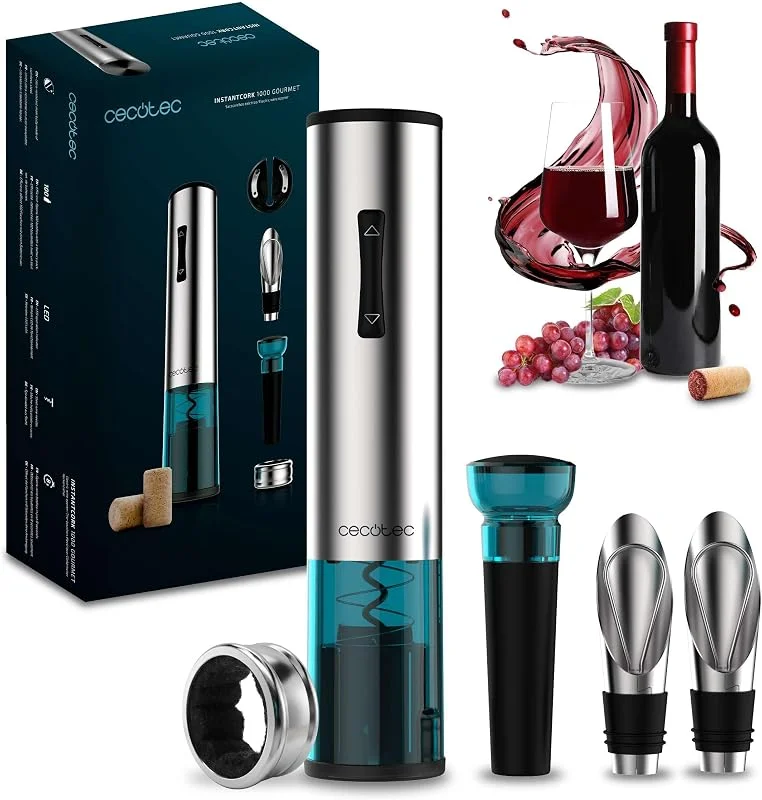 Visita la tienda de Cecotec Cecotec Sacacorchos Eléctrico InstantCork 1000 Gourmet. Abre Botellas en solo 8 segundos, Funciona con 4 Pilas, Luz LED, Aguja helicoidal de Acero, Cuerpo de acero inoxidable — Vino y mesa festiva