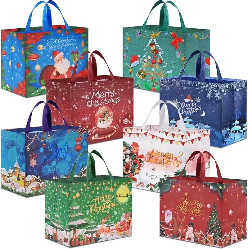 Ahfulife 8pcs Bolsas de Regalo Navideño, Grande Bolsas de Tela no Tejidas Reutilizables, Bolsas Navideñas con Manijas, Bolsas de Compras Navideñas, 32, 5 x 25 x 17 cm — Envoltorio regalo
