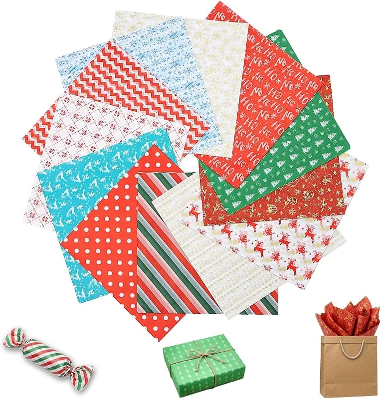 Geluode Papel de seda de Navidad, 60 hojas, 50 x 50 cm, diseño de árbol de Navidad, alce y copos de nieve, rayas rojas y verdes, para envolver bolsas de regalo, cajas y manualidades — Envoltorio regalo