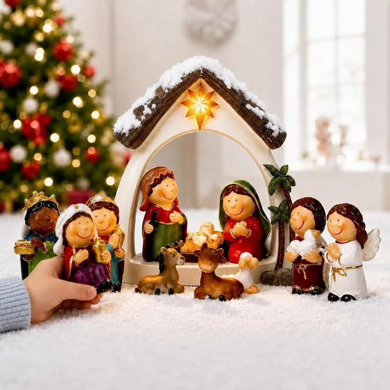 Topsky Belén de 12 piezas con establo, figuras de resina pintadas a mano — Decoracion Navidad