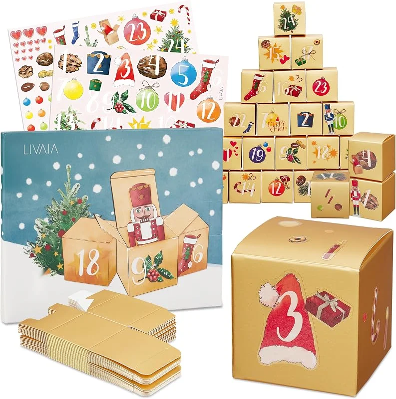 LIVAIA Calendario de Adviento para Rellenar 2022: Kit DIY, 24 Cajitas de Regalo Doradas con Instrucciones - Navidad y Pegatinas - Calendario de Adviento Personalizable — Adviento y mesa