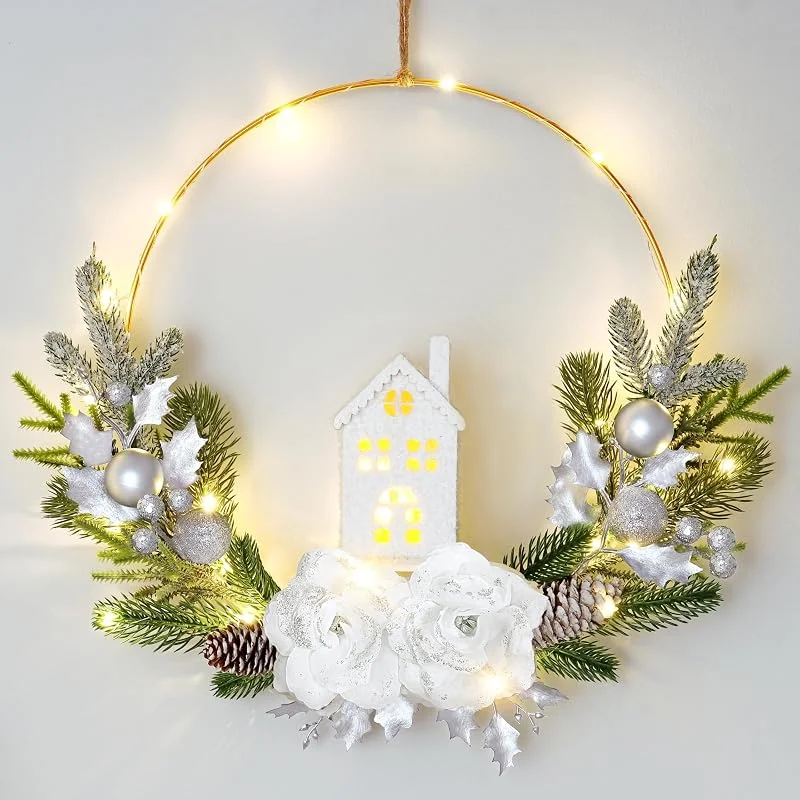Visita la tienda de Dremisland Dremisland 40cm Corona Navidad con Luces Artificial Corona de Puerta con Casita Iluminada Guirnalda de Navidad con Bola Agujas de Pino Chimenea Navidad Decoración para Chimeneas Ventanas Puertas — Decoracion Navidad