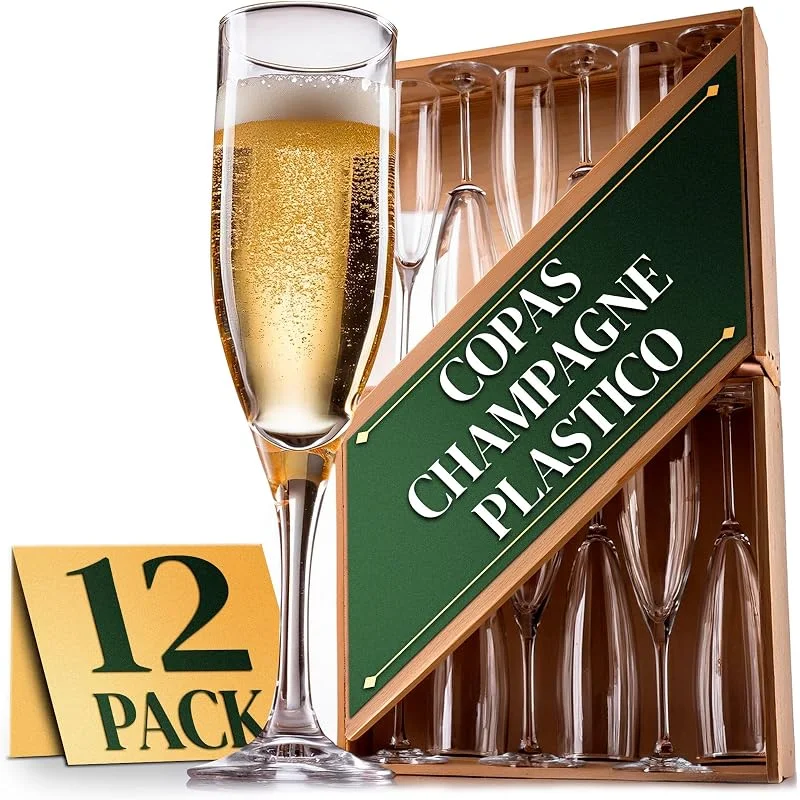 ActivoTex Copas de champan irrompibles, cava y vino espumoso de plastico duro Tritan reutilizables ultraresistentes - Pack 12 uds. Transparentes - copa de champagne - Plastic wine glasses - Durarero y Seguro — Vino y mesa festiva