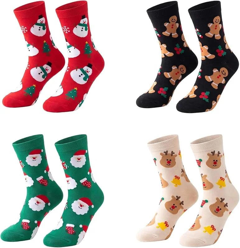 FLOPUL Set de 4 Calcetines de Navidad - Calcetines Navideños Decorativos con Diseños de Muñeco de Nieve, Reno y Papá Noel, Ideales para Regalos y Decoración de Hogar en Fiestas — Decoracion Navidad