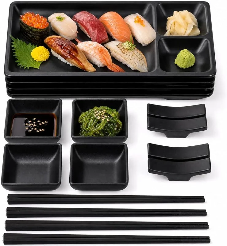 Pumtus Juego de platos japoneses de sushi de 16 piezas, juego de servir de sushi de melamina, juego de vajilla de sushi, incluye 4 platos de servir sushi, 4 platos de salsa de soja, 4 pares de — Adviento y mesa