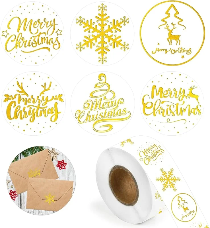 YUEXNKO Pegatinas Navideñas Redondas, 1000pcs Pegatinas de Navidad, Redondas Pegatinas Navidad, Rollo Pegatinas Navidad, Merry Christmas Pegatinas, para Embalaje de Regalo, Decoraciones Navideñas (Oro) — Envoltorio regalo