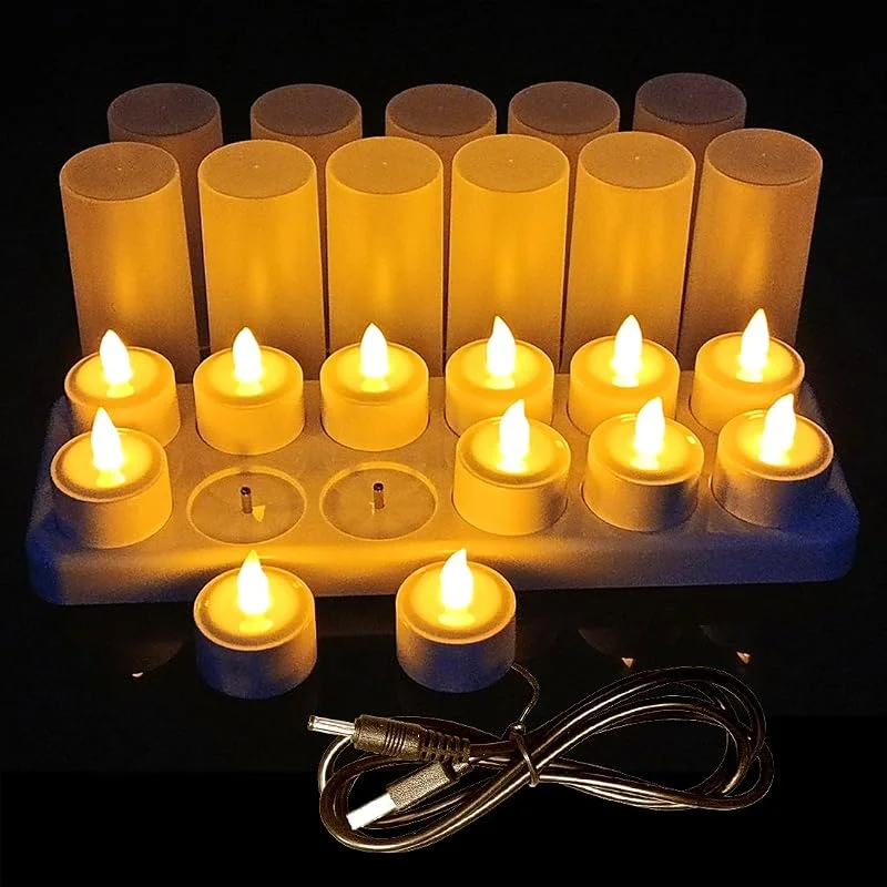 Visita la tienda de QSPORTPEAK QSPORTPEAK Velas LED sin Llama 12 velas recargables velas LED con batería sin llama con estación de carga, cable USB y vasos para el hogar, Navidad Halloween Decoración — Luces Navidad