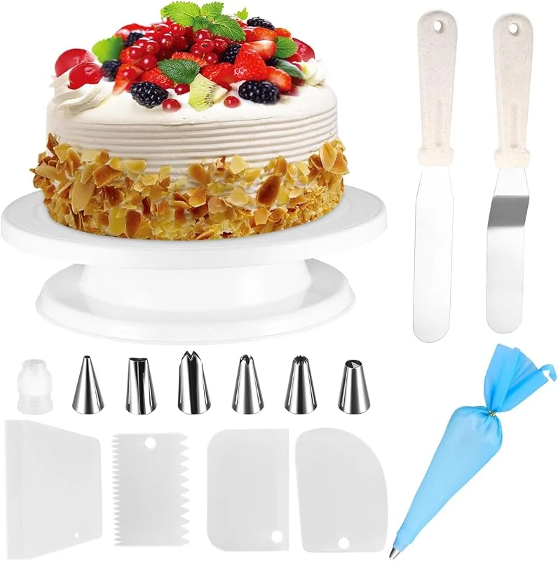 SZJYG Bandeja para Tartas, Soporte Giratorio, Juego de Decoración Con Mesa Giratoria, Raspador, Espátula, Alisador, Puntas de Pastelería y Accesorios — Hogar y cocina