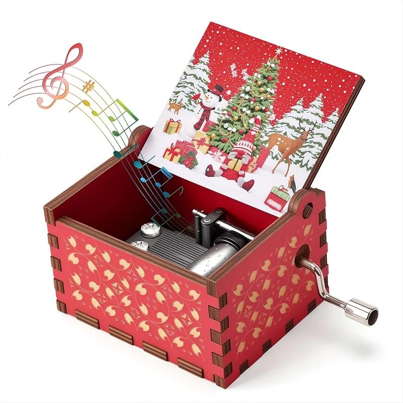 Qzakce Cajas Musicales de Madera Manivela Caja de Música Merry Christmas Retro Music Box Mejor Regalo para Cumpleaños Navidad para Pareja Familia Amigos, Rojo — Envoltorio regalo