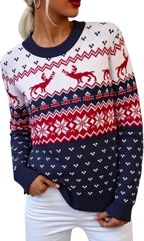 Visita la tienda de Crewhpo Jersey Navideño Mujer Suéter de Navidad Invierno de Cuello Redondo Manga Larga Ropa de Punto Jerséis con Copos de Nieve de Reno — Ropa Navidad