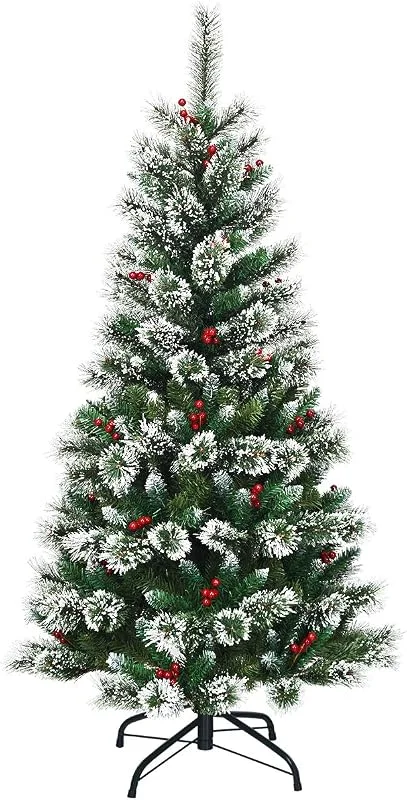 Visita la tienda de COSTWAY COSTWAY Árbol de Navidad Verde 150cm, Arbol de Navidad con Adornos de Frutos Rojos de 170 y Nieve, Agujas de PVC 221 Ramas, Arvore de Natal Pino Soporte de Metal Hogar Oficina Fiesta (150cm) — Decoracion Navidad