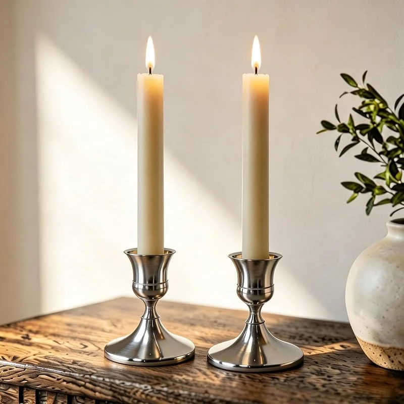 AUMAYCO Candelabro plateado, portavelas de varilla, portavelas de plata, candelabro de metal, estilo vintage, para cena, boda, casa, decoración de mesa, decoración de chimenea, luz de vela (2 unidades) — Cena a la luz de velas