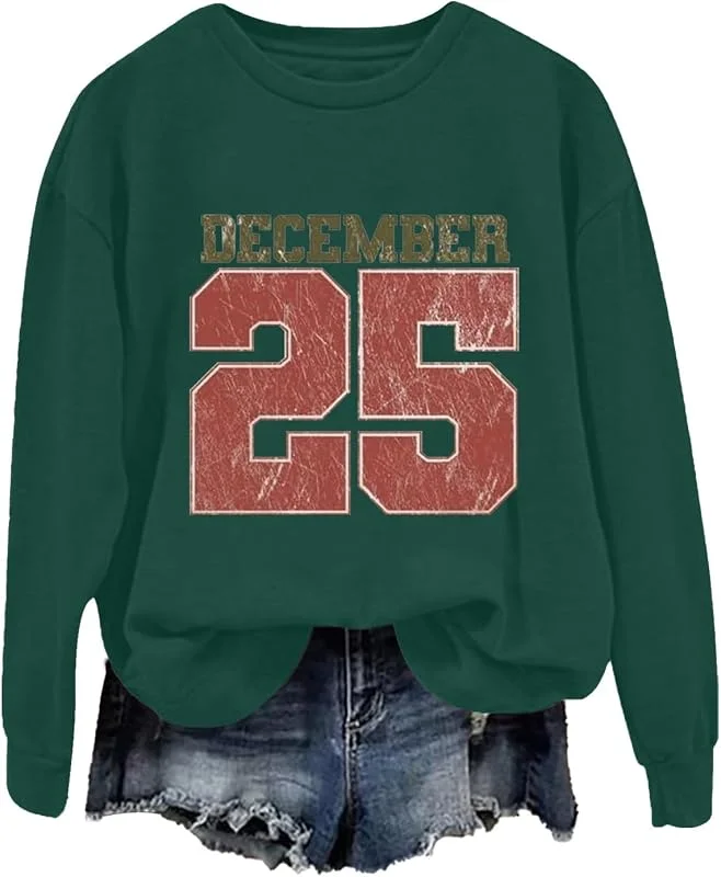 tacniseyw Suéter de Navidad para mujer, sudadera de manga larga con cuello redondo, camisetas divertidas, talla grande, estampado de Navidad, 25 de diciembre, sudadera de Navidad para mujer, novedad — Ropa Navidad