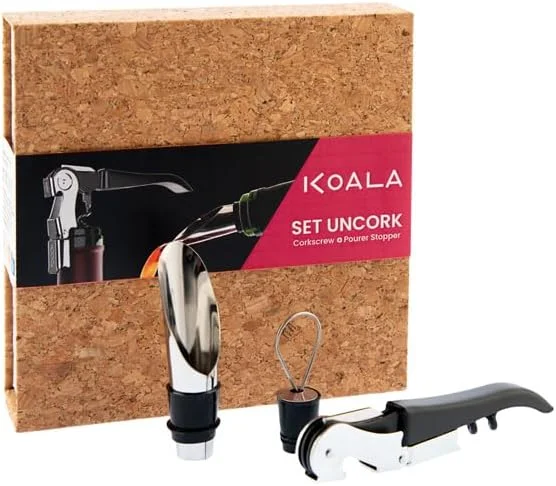 Visita la tienda de Koala KOALA, Set UnCork AC, Sacacorchos Profesional de Dos Tiempos con Cuchilla, Vertedor Antigoteo con Tapón de Silicona, Estuche de Corcho, Regalo para Amantes del Vino — Vino y mesa festiva