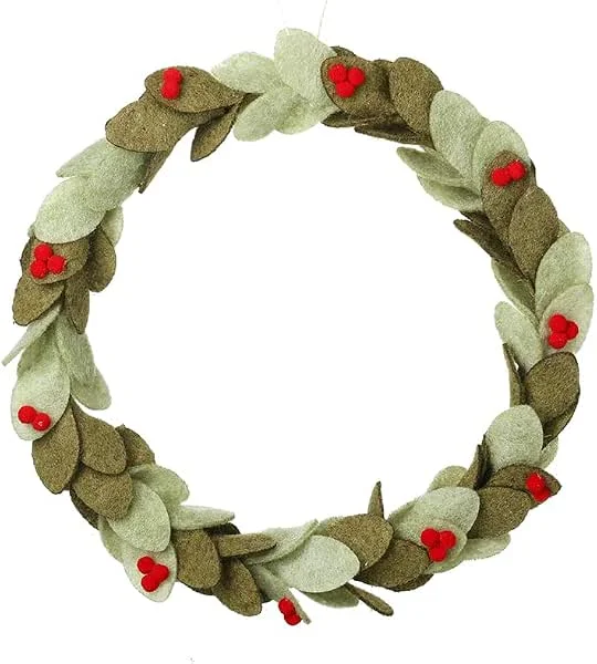 Heaven Sends Corona de hojas de fieltro verde con bayas rojas, 30 cm, corona de Navidad artificial para puerta delantera, chimenea y decoración festiva del hogar — Decoracion Navidad