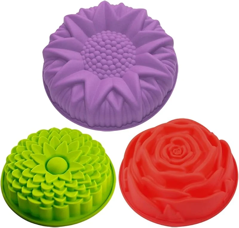 Senhai Juego de 3 moldes de silicona para tartas, diseño de flores, redondos, grandes, antiadherentes, para fiestas de cumpleaños, color amarillo, rojo y morado, SENHAI — Hogar y cocina