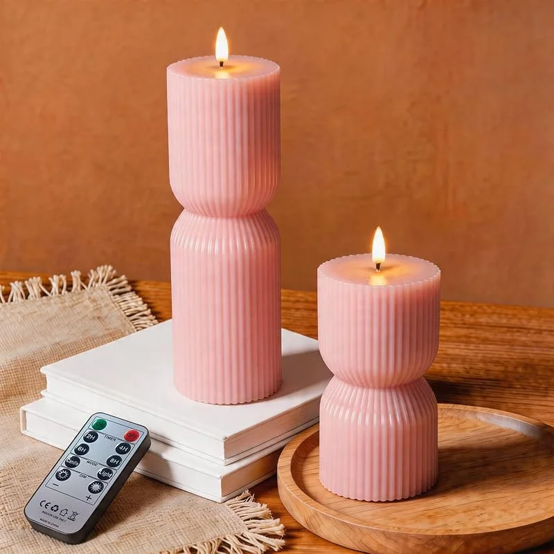 PinnWaa Velas LED de Pilar Sin Llama 2 Piezas, Cera Real Estriada, Rosa — Cena a la luz de velas