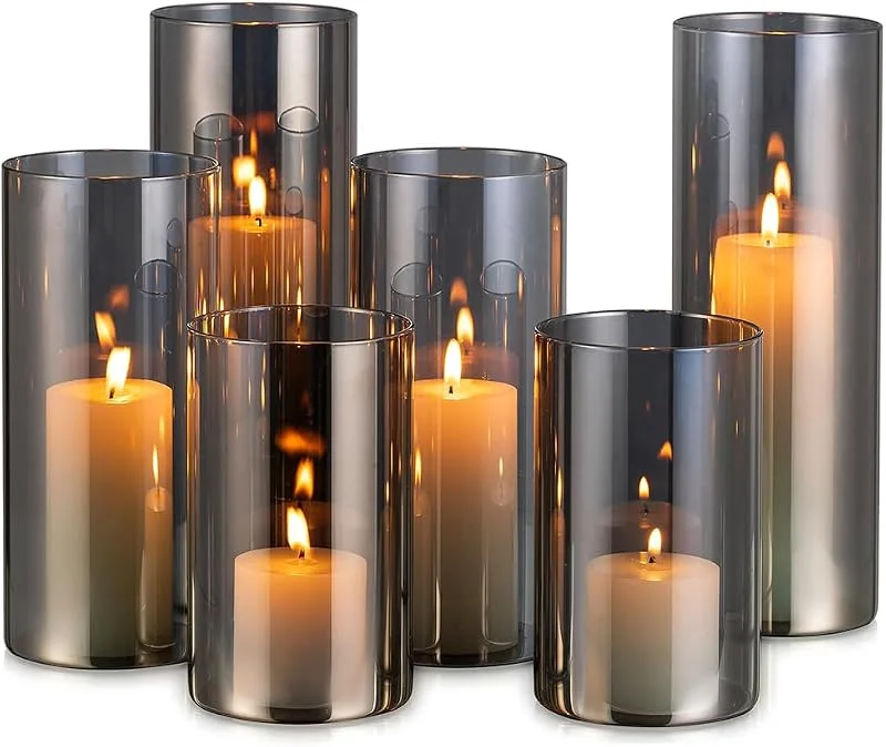 Hewory Portavelas Huracán de Vidrio para Decoración: 6pcs Cilindros de Vidrio Transparentes para Flores - Portavelas de Pilar 14, 19, 24cm — Adviento y mesa