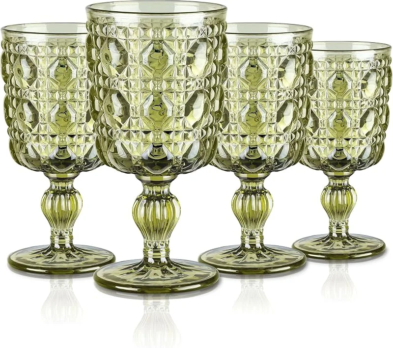 Visita la tienda de Joeyan Joeyan 300ml Retro Copas de Vino Tinto de Verde con Gemas Relieve, Set de 4 — Adviento y mesa