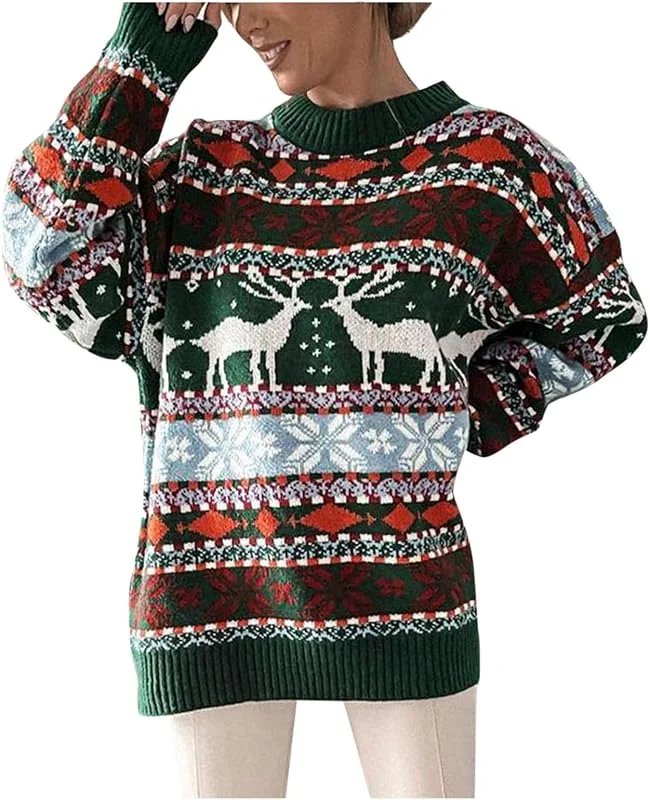 Genérico Jersey Navideño para Mujer Manga Larga Suéter de Navidad Invierno Ropa de Punto de Reno Monigote de Nieve Cuello Redondo Regalos navideños — Ropa Navidad
