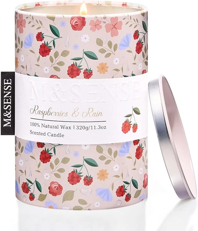 M&SENSE Velas Aromáticas Lluvia de Frambuesas - vela de cera de soja natural, Lata Floral Decorativa Sin Humo, Regalos Originales Mujer bienestar y regalo, 320g 70H — Cena a la luz de velas