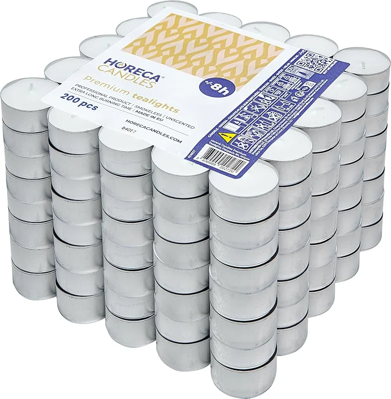Horeca Candles - Velas de té de 8 horas de combustión - Blanco - 200 unidades - Funda de aluminio - Candelitas para celebraciones, decoración, bodas, gastro, fiestas - Sin perfume — Cena a la luz de velas