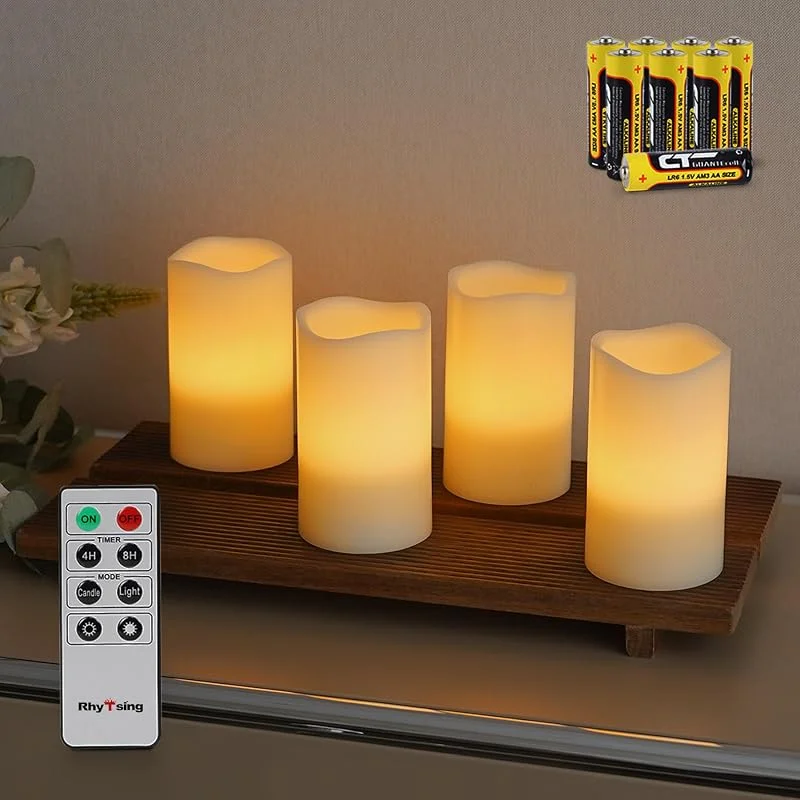 Visita la tienda de Rhytsing Rhytsing 4 Velas LED de Cera Real Color Marfil con Temporizador, Velas a Pilas para Navidad y Adviento, Mando a Distancia y 8 AA Pilas Incluidas -7, 5 x7, 5 x12, 5 cm — Cena a la luz de velas