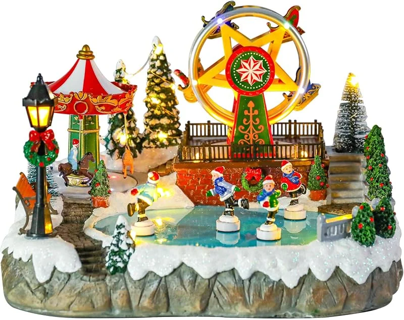 Bdor Decoración iluminada de pueblo de Navidad con carrusel, rueda de la fortuna, patinadores, 11.4 x 10.4 x 7.7 pulgadas, escena navideña animada con música y luces LED para decoración interior del — Decoracion Navidad