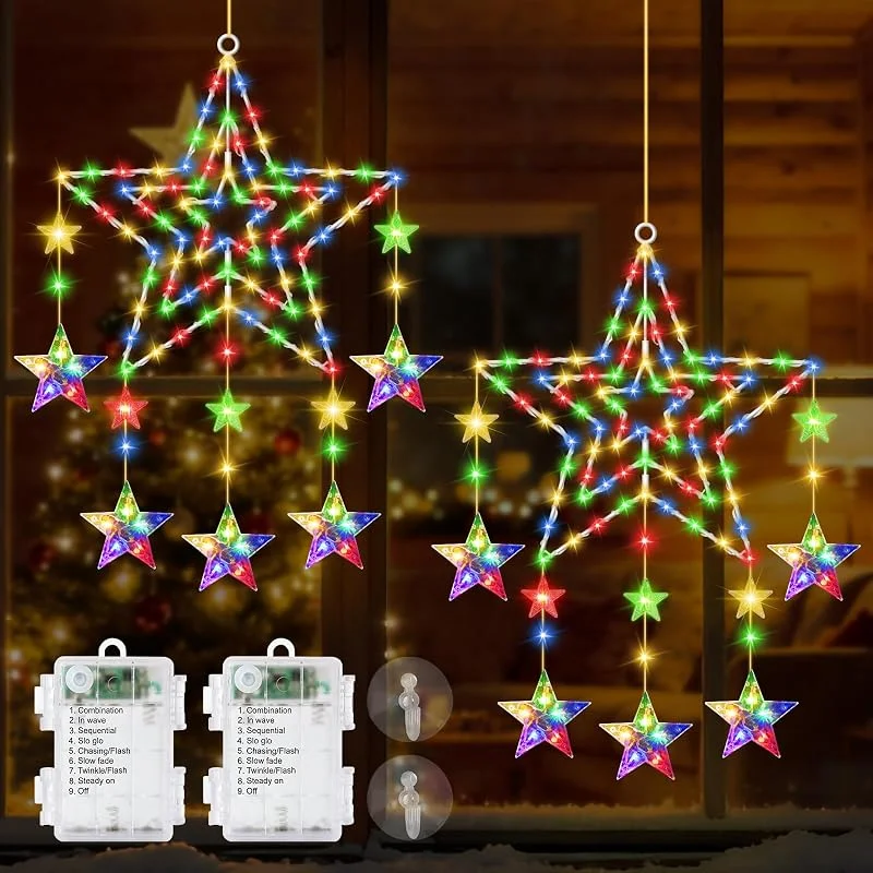 Herefun 2 Piezas Luces Estrella Navidad Ventana, 94 LED Luces Navidad Pilas con Mando, 3 IN 1 Giratorio Decoracion Ventana, Adornos para Interior Exterior (A) — Decoracion Navidad