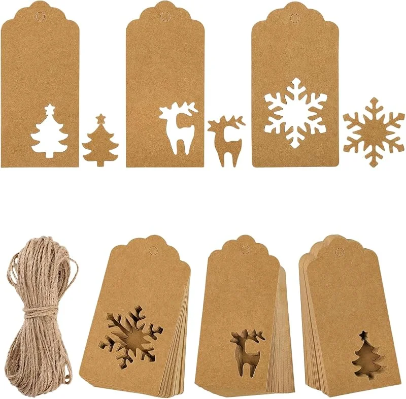 YUYWWAN 150 Pcs Etiquetas Navideñas Papá Noel Alce Copos Nieve Etiquetas Regalo de árbol de Navidad con Cordón Adornos Navideño Colgantes para Regalos de Fiesta Hazlo tú Mismo Deco Hogar (Marrón) — Envoltorio regalo