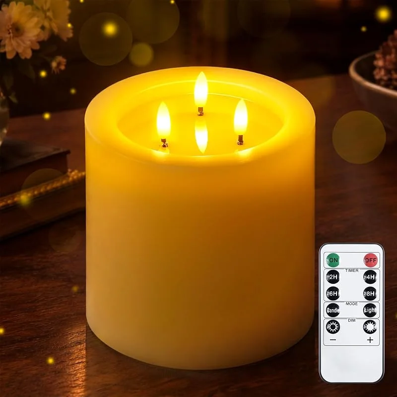Yeelida Vela LED sin llama de 3 mechas 15x15cm con mando a distancia y efecto aceite de cera, temporizador Vela de cera real con pilas que parpadean en color marfil — Cena a la luz de velas
