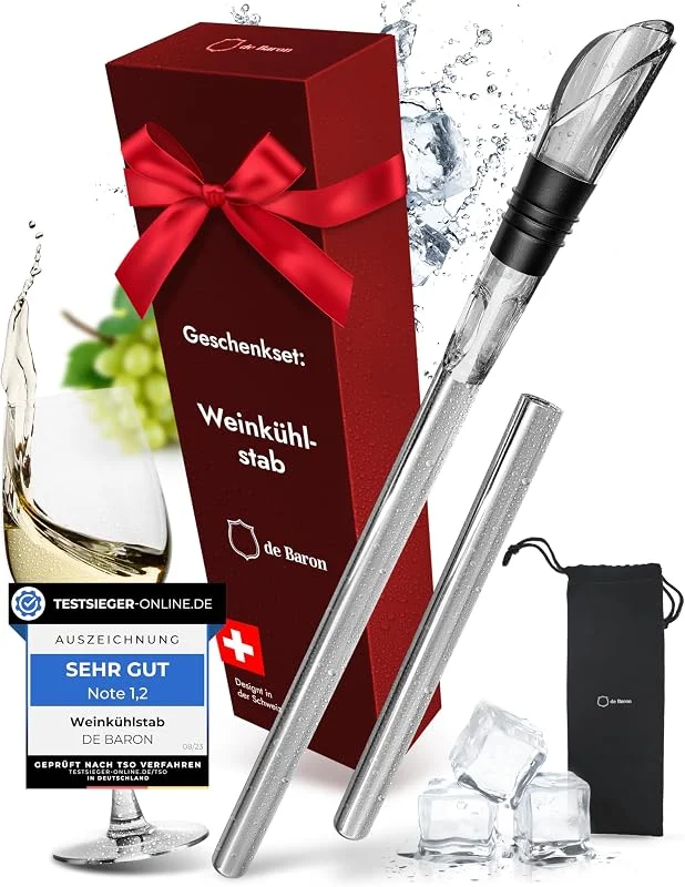 DE BARON DEBARON® Premium varilla enfriadora de vino con dosificador, Enfriador de vino con efecto de enfriamiento extra gracias a la tecnología SPT, Varilla enfriadora de vino segura y certificada, Regalo — Vino y mesa festiva