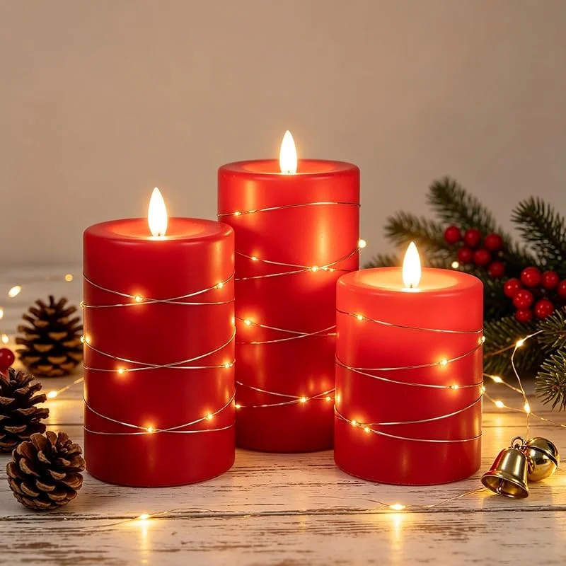 CPROSP 3 Velas LED Rojas con Luces Hada Envolventes, Efecto Llama Realista — Luces Navidad