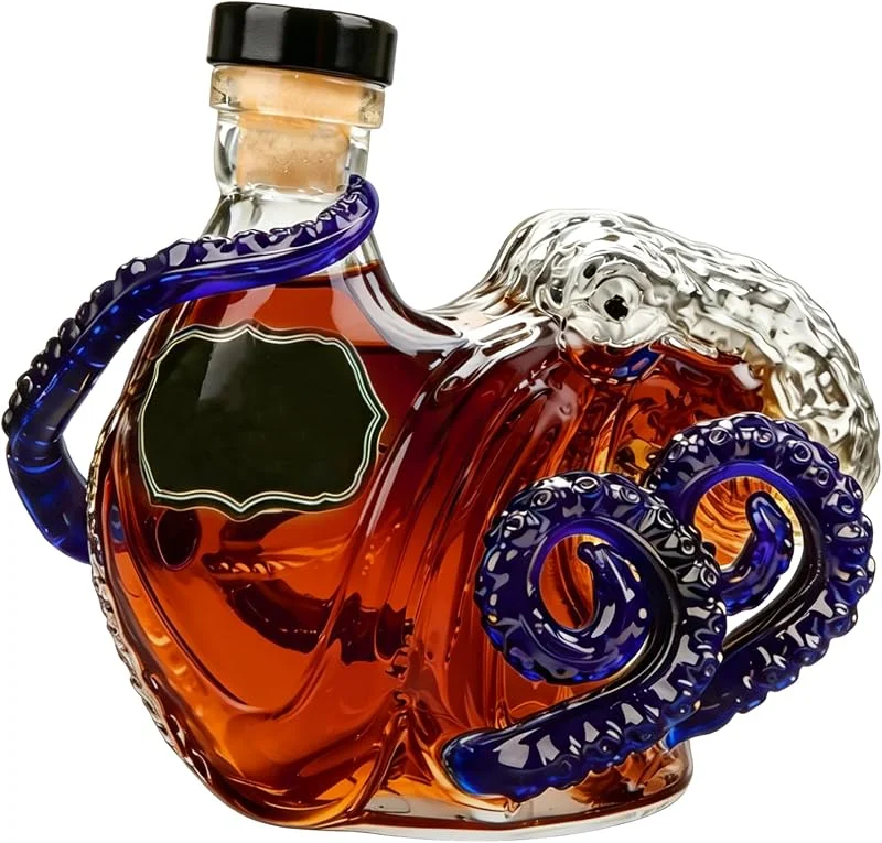 Jognee Botella de cristal 3D con diseño de pulpo, 350 ml, jarra decorativa para ron, whisky, vino, colector con cierre — Vino y mesa festiva
