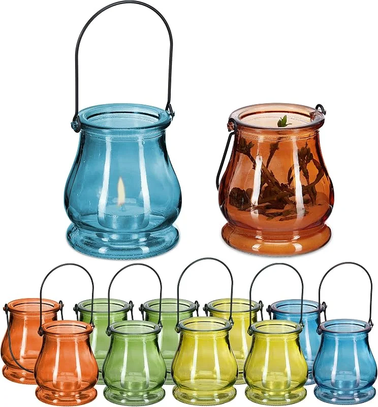 Visita la tienda de Relaxdays Relaxdays Set de 12 Portavelas Cristal, Asa para Colgar, Interior y Exterior, Porta Velas de Té, 10 x 8, 5 cm, Multicolor — Cena a la luz de velas