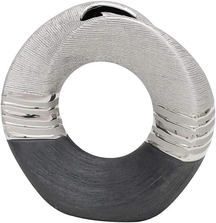 Dekohelden24 Jarrón de cerámica de diseño Moderno, Redondo, Curvado con Agujero, en Gris Plateado, 19 cm — Hogar y cocina