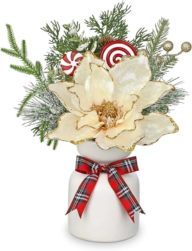 Visita la tienda de Oairse Centros de mesa de Navidad para mesas, arreglos florales artificiales de Navidad con flores de pascua en jarrón, pequeños arreglos de mesa de Navidad, centro de mesa rojo y blanco para cenas en — Decoracion Navidad