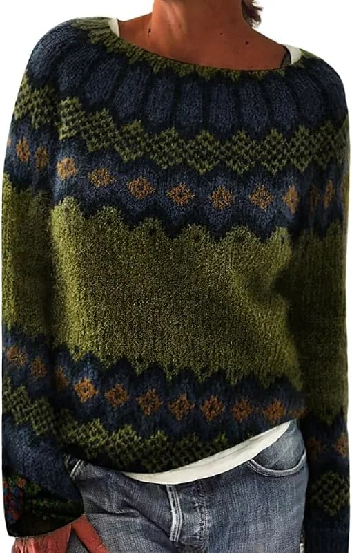 Generic HUIFUAO - Suéter Fair Isle para mujer, suéter de Navidad de gran tamaño, ropa de punto noruego, nórdico, islandés, cálido, grueso, vintage, manga larga, Z21 Verde #1, XXL — Ropa Navidad